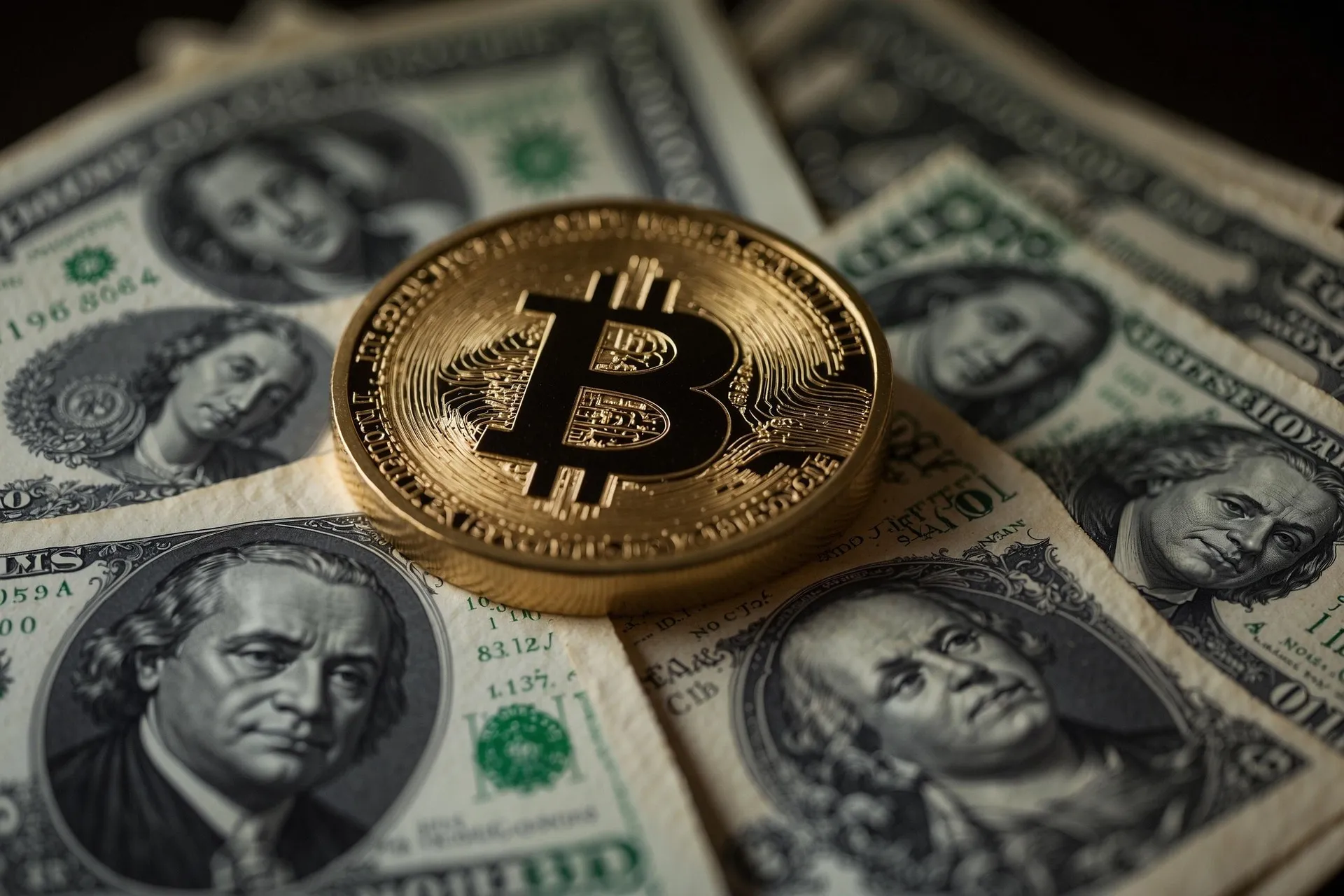 Monedhë e artë Bitcoin e vendosur mbi kartëmonedha dollari